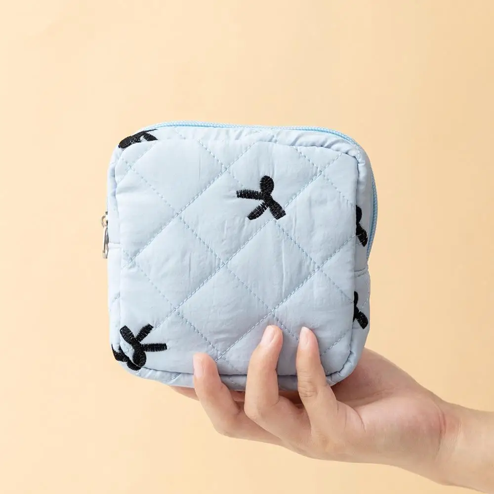 Bow Sanitary Napkin Organizer Bag Cute Makeup Bag Small Quilted Cosmetic Cotton Women's Keychain Earphone Coin Purse