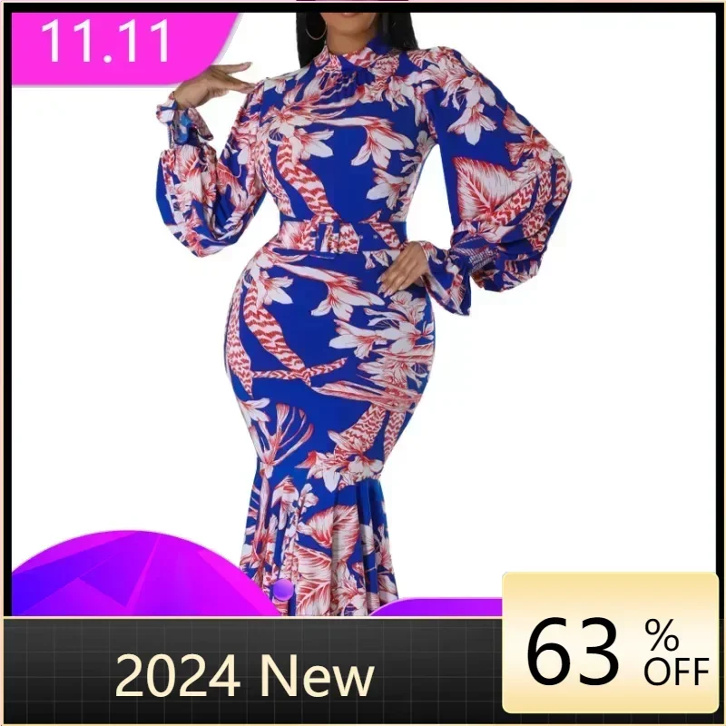 

Spring Autumn Elegant Office Mermaid Dress Women Long Sleeved Zipper Slim Fashion Print Business Commuter Hip Wrap Dress Women