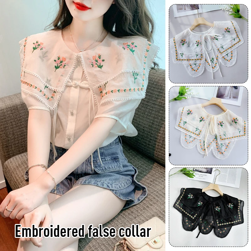 

Women Floral Embroidered Lace White Shawl Scarf False Collar Girls Detachable Dickey Collar Hanfu Shoulder Warp Lace Up Neckline
