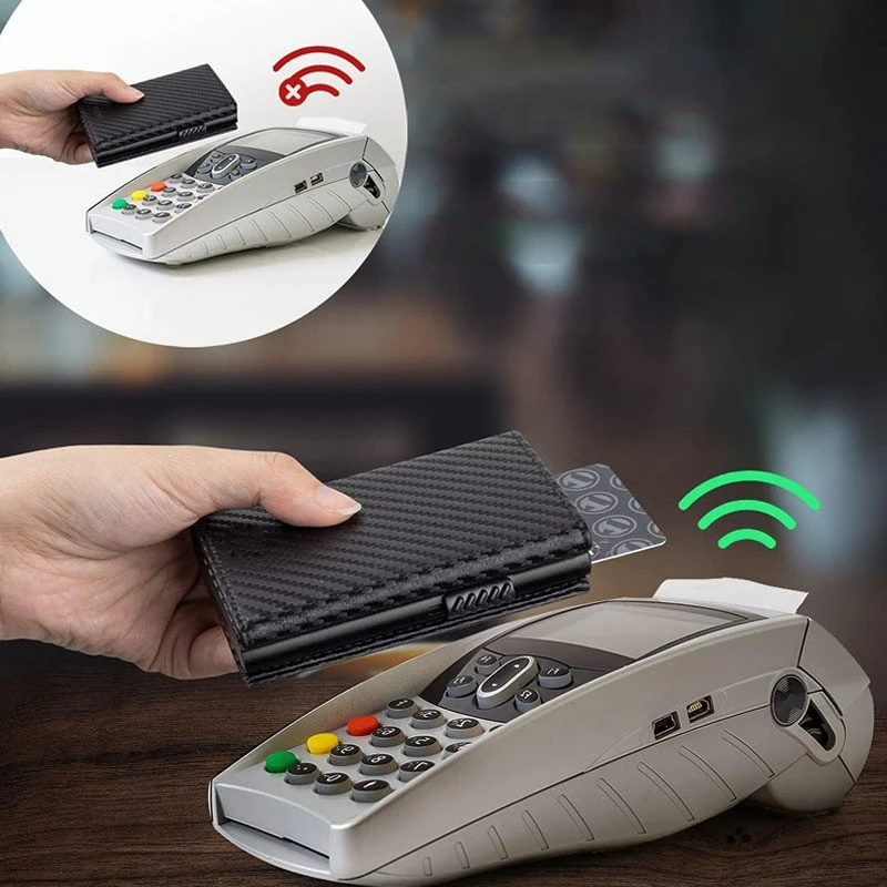 Carbon Fiber & Aluminum Men's Bifold Wallet RFID Blocking Automatic Pop-Up Cardholder Coin Compartments Business Money Purse
