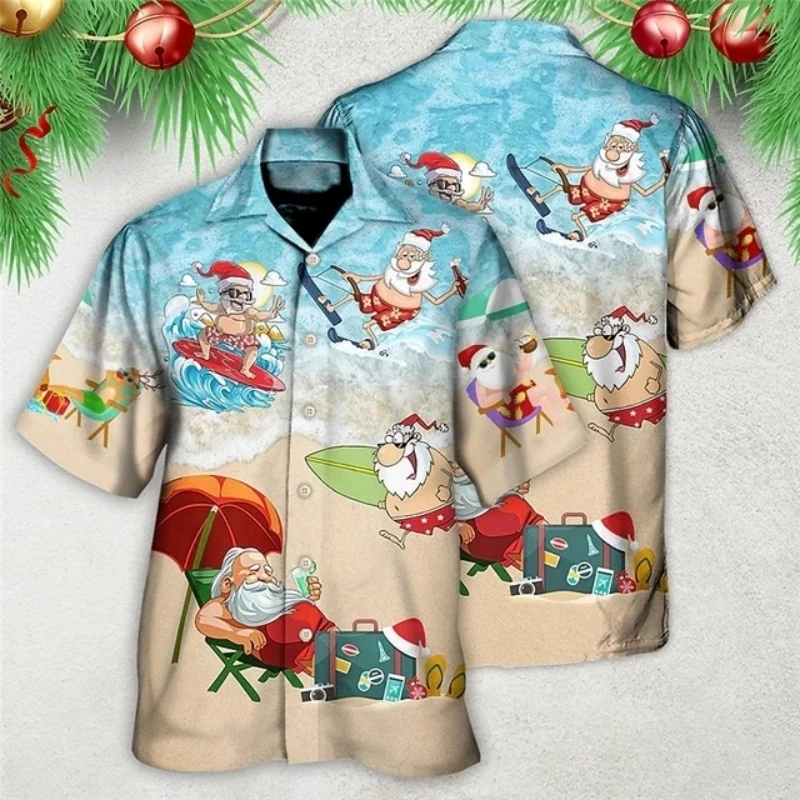 Christmas Men's Hawaii Short Sleeve 3D Printing Tops Santa Claus Party Beachwear Camping Vacation Apparel casual short sleeved shirt short sleeved shirt hawaiian shirt