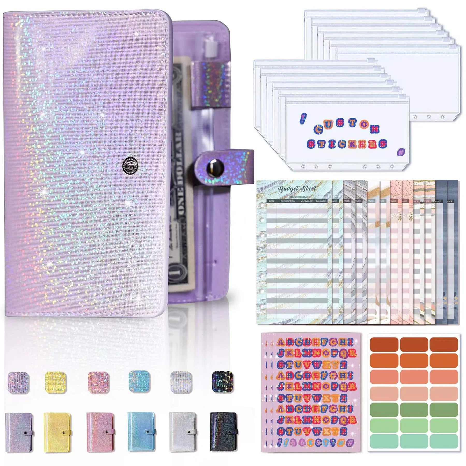 A6 PU Leather Notebook Budget Binder Planner Personal Money Organizer with 12 Budget Sheets 12 Zipper