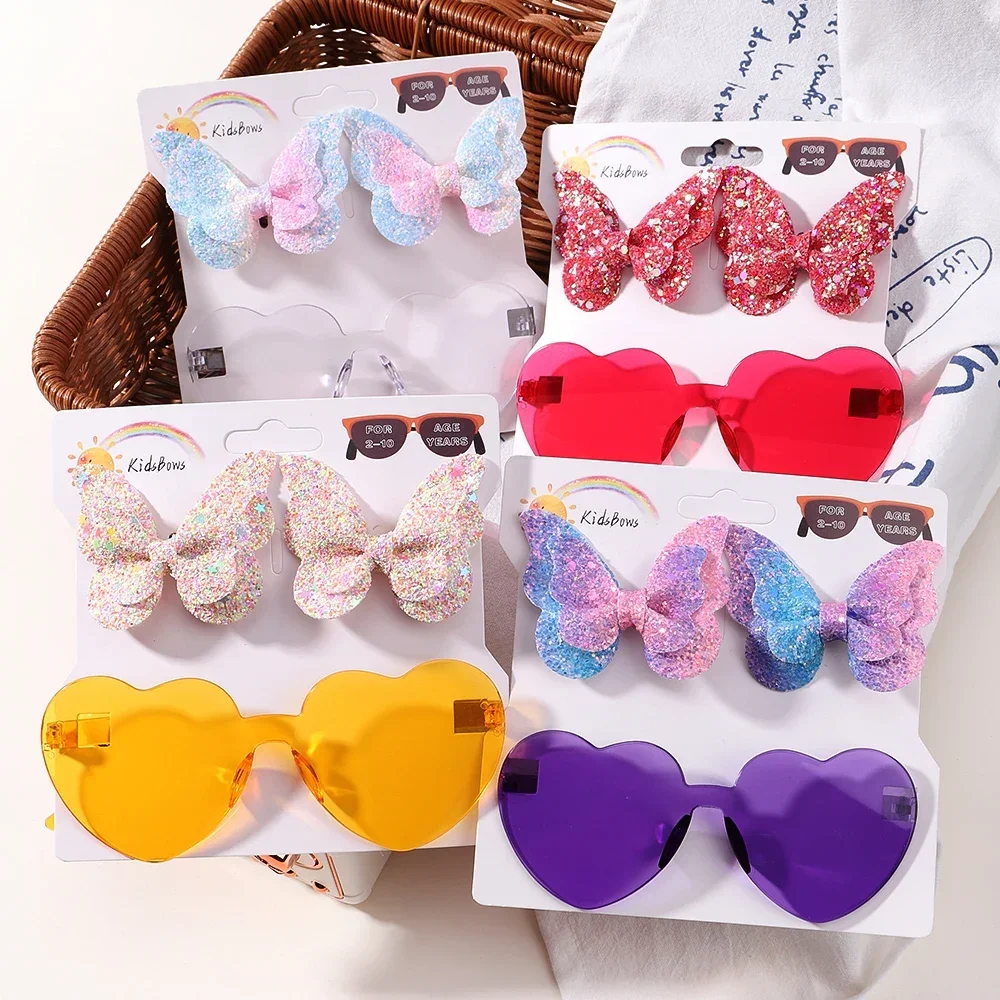 

1 Set Sparkling Butterfly Hair Clip Hair Accessories Glasses Sets Fashion Wave Point Kids Hairgripes Love Glasses Girls Headwear