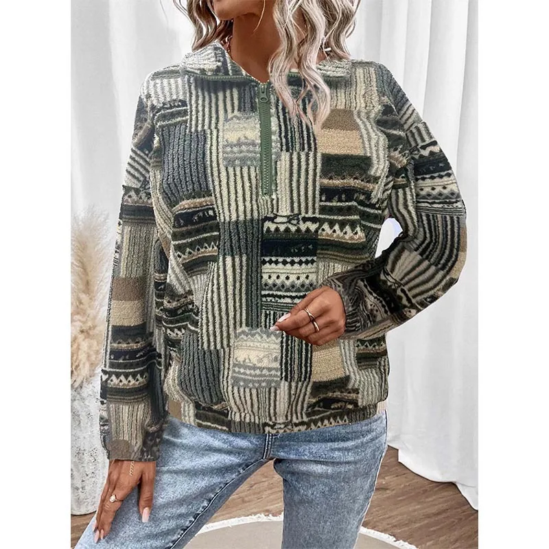 

Sweatshirts Women Print Striped Top Turn Down Collar Zipper Full Sleeve Tops Loose Casual Splice Sweatshirt Autumn Winter