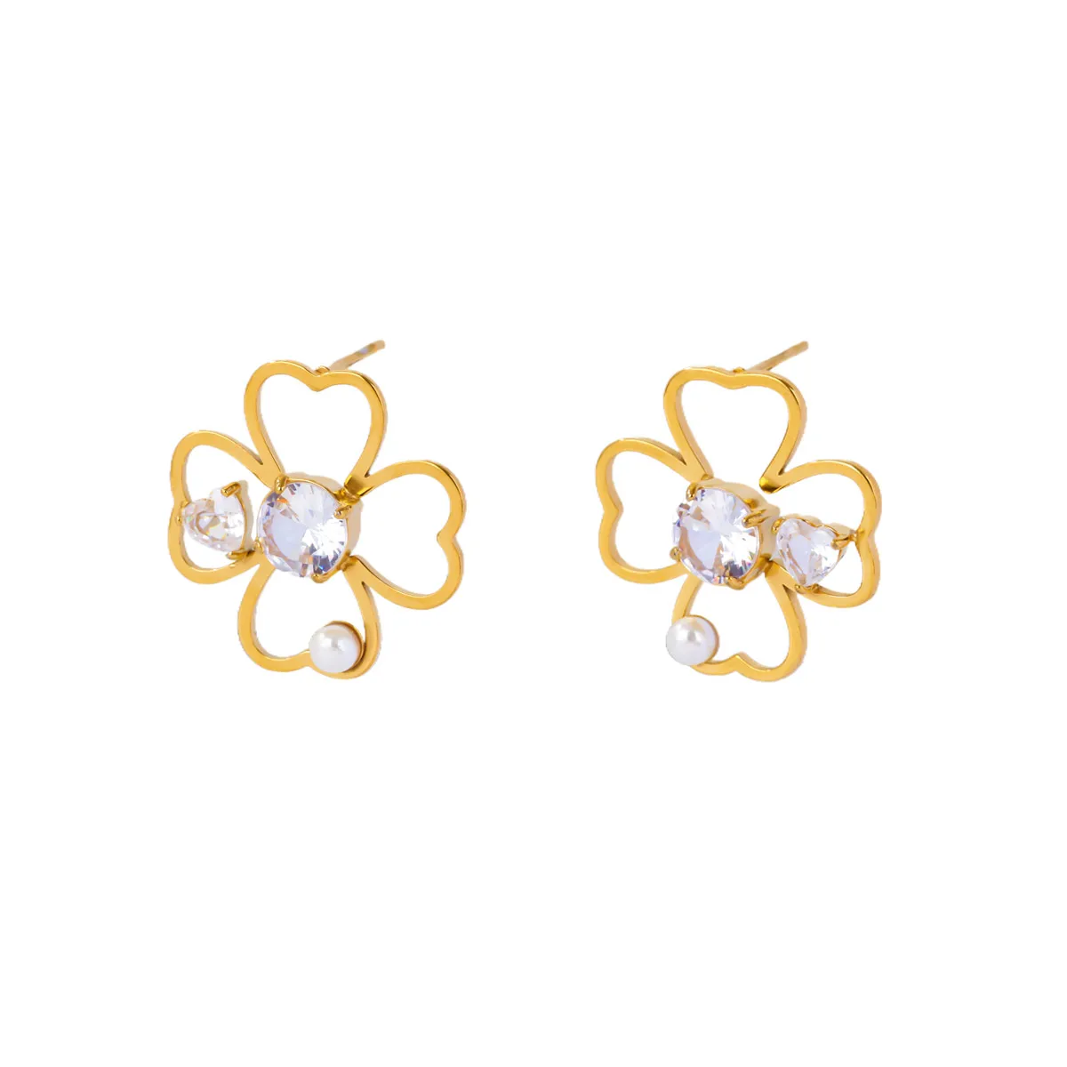Hollow Four Leaf Stud Earrings for Women Gold Zircon Stainless Steel