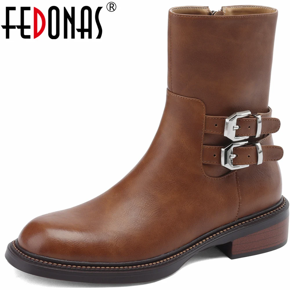 

FEDONAS Women Genuine Leather Ankle Boots Fashion Buckles Design Thick Heels 2023 Autumn Winter Office Lady Basic Shoes Woman