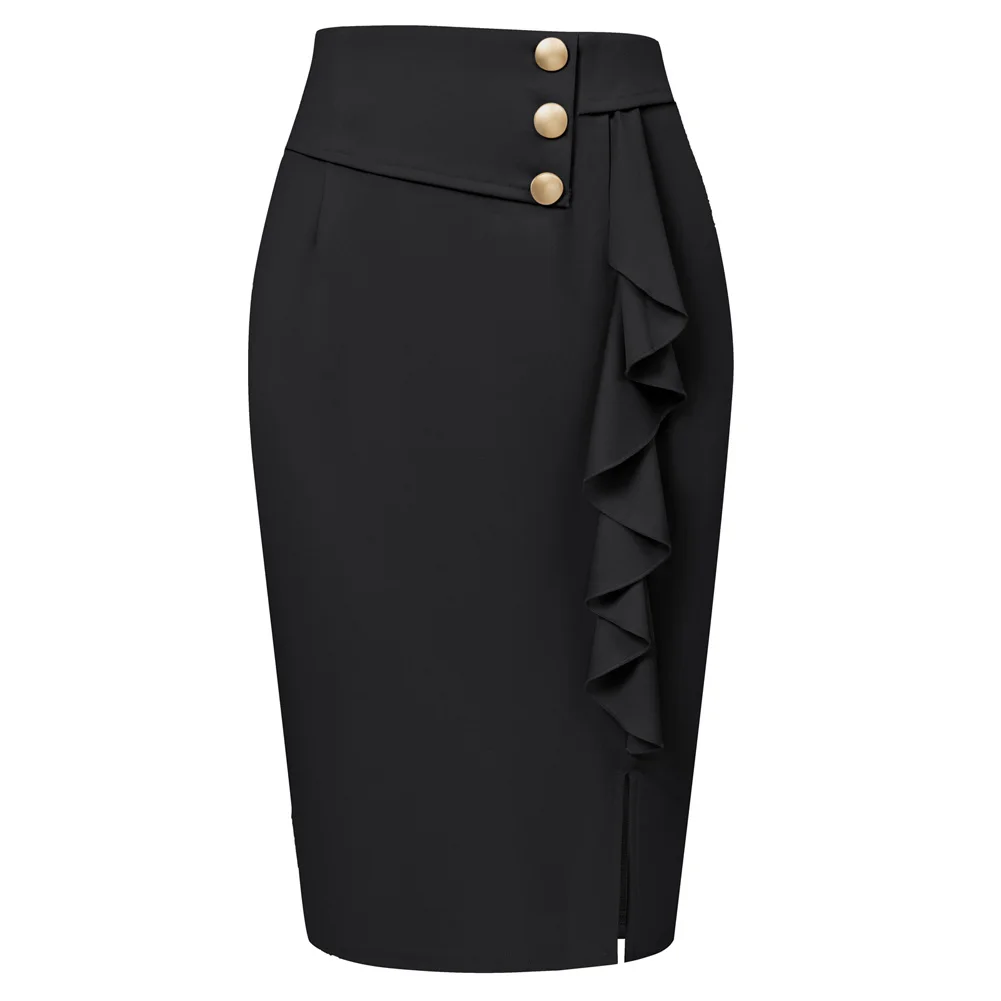 BP Women Vintage Front Slit Skirt High Waist Ruffle Decorated Mid-calf Slim Fit Pencil Bodycon Skirt Office Lady Causal Fashion