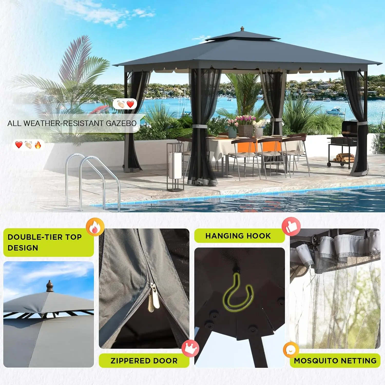 10x12 Gazebo with Mosquito Netting Sturdy Metal Outdoor Patio Gazebo[Heavy Duty Frame] Gazebos Canopy Tent with Dual Air Roof 6
