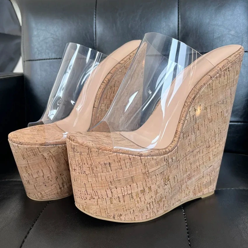 

2024 Handmade Women Platform Transparent Sandals Wedges High Heels Round Toe Pretty Casual Shoes Ladies US Plus Size 5-15