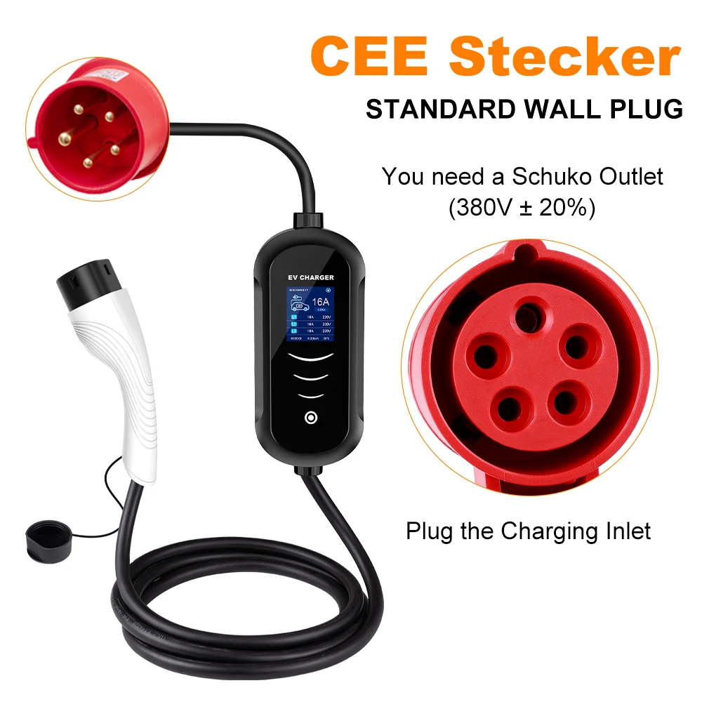 11KW 16A EV Portable Charger Type2 EVSE Charging Box Electric Car Charger CEE Plug IEC62196-2 Electric Vehicle Charger 5M Cable