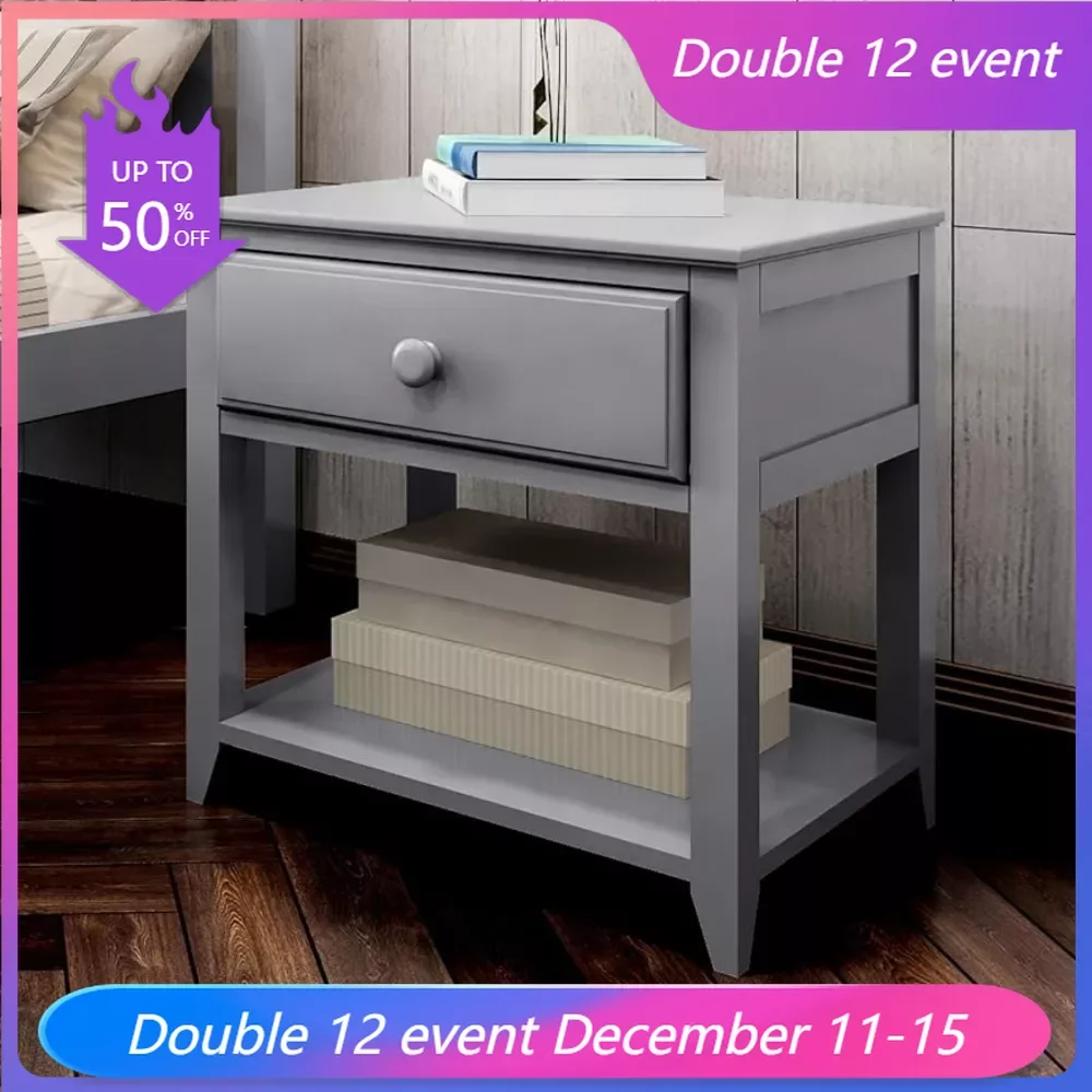 

Nightstand with Drawer and Shelf, Grey Bedside Table Bedroom Furniture Nightstands for Bedroom