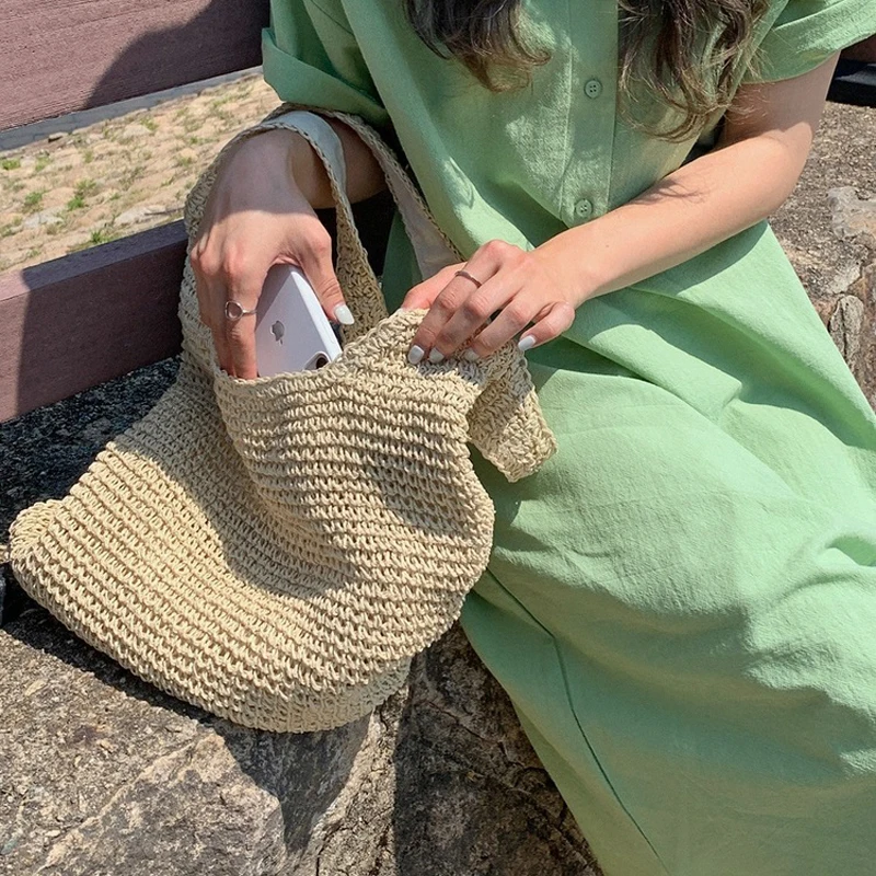 Handmade Straw Women Shoulder Bags Wikcer Woven Tote Handbag Large Capacity Casual Rattan Beach Shopper Bag Grocery Shopping Bag