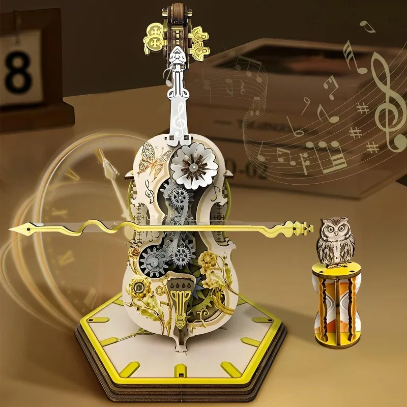 

3D Puzzles Punk Cello Mechanical Model DIY Wooden Music Box Puzzle for Adults and Kid Birthday Gift Desk Decoration Office Home