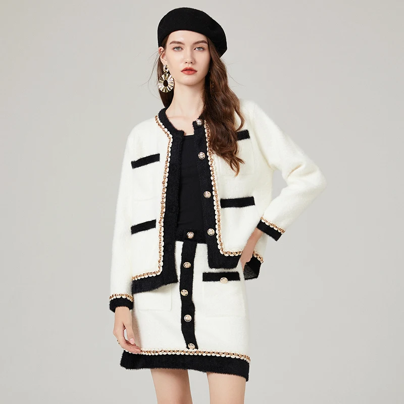 

New Autumn Winter Women Fashion Contrast Color Knitted Skirt Suits Single Breasted Cardigan Jacket And Mini Skirt Two Piece Set