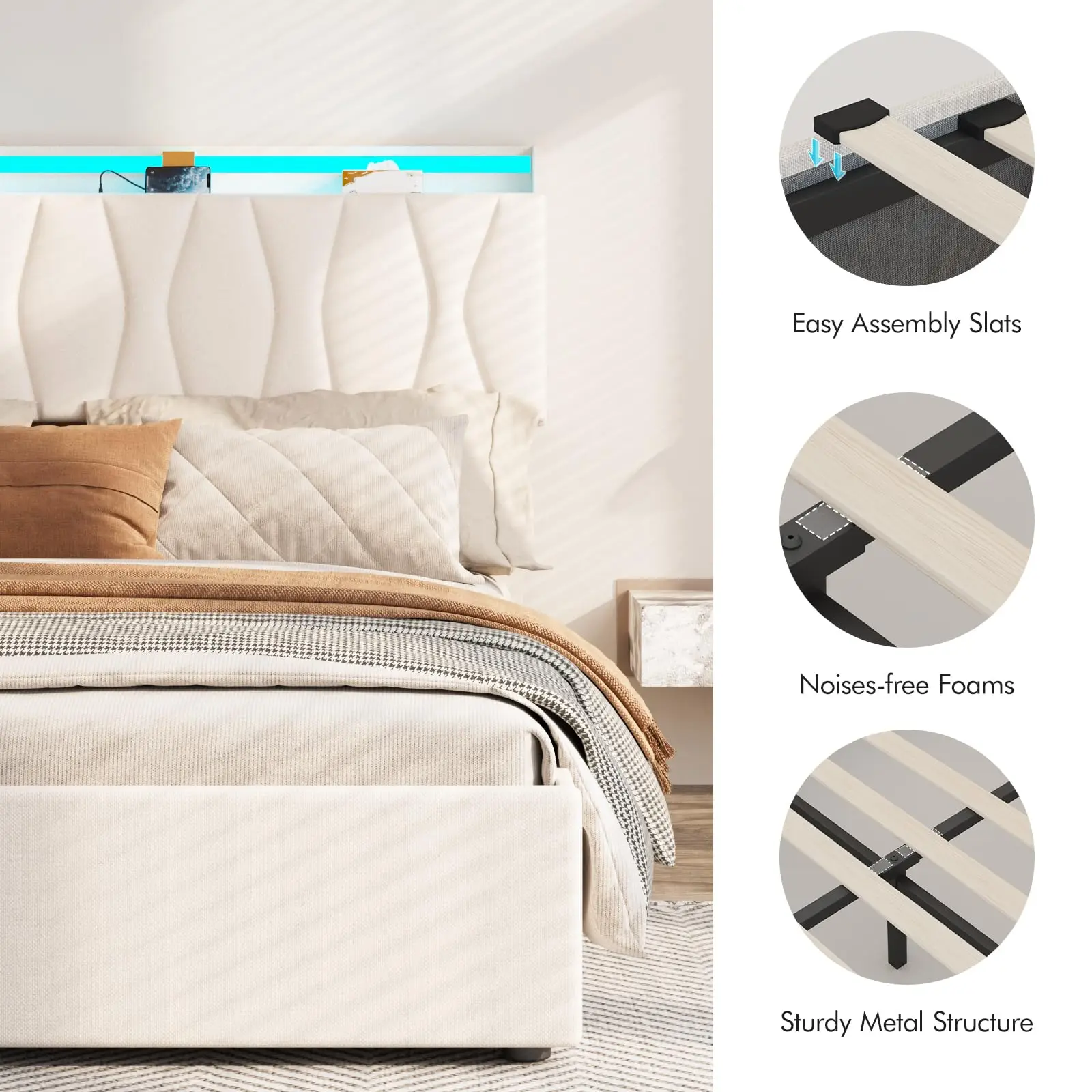Lift Up Queen Platform Bed Frame Storage Headboard Upholstered with Power Outlet & LED Lights No Box Spring 6