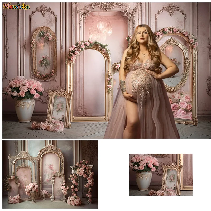 

Mocsicka Photography Backdrops Pink Vintage Themed Adult Maternity Portrait Backgrounds Arch Floral Wedding Party Studio Props