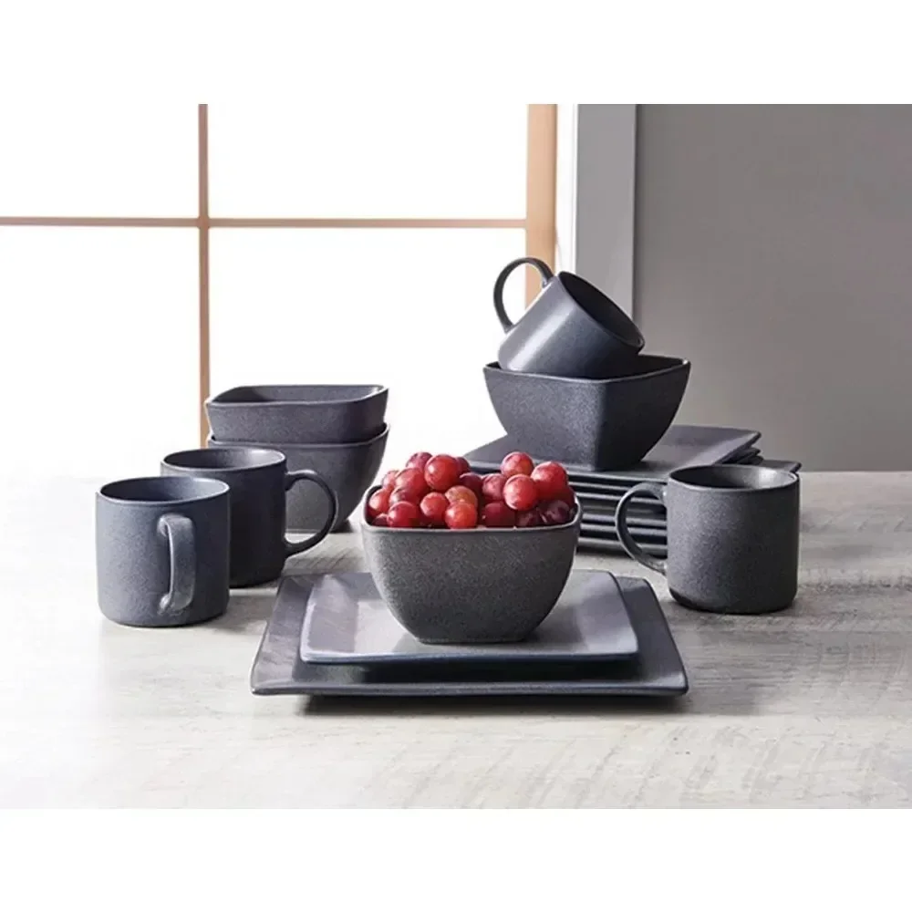 

Tableware Set Dark Gray Square Stoneware 16-Piece Dinnerware Set Cutlery Set