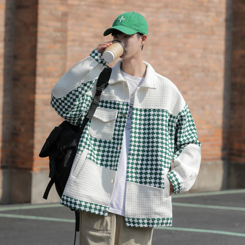 Checkerboard Grid Weave Plaid Spliced Men Jackets Spring Autumn Baseball Bomber Coat Men Vintage Houndstooth Chic Ins Kpop Coat