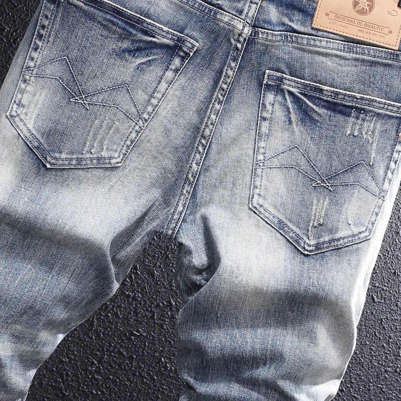 Newly Designer Fashion Men Jeans Retro Gray Blue Elastic Slim Fit Ripped Jeans Men Casual Trousers Vintage Denim Pants Hombre