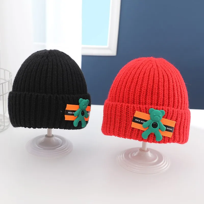 Baby Knit Cap Boy Girl Autumn Winter Warm Child Beanie Wool Cap Child Parent-Child Cap Newborn Baby Cap With Cartoon Bear Tag