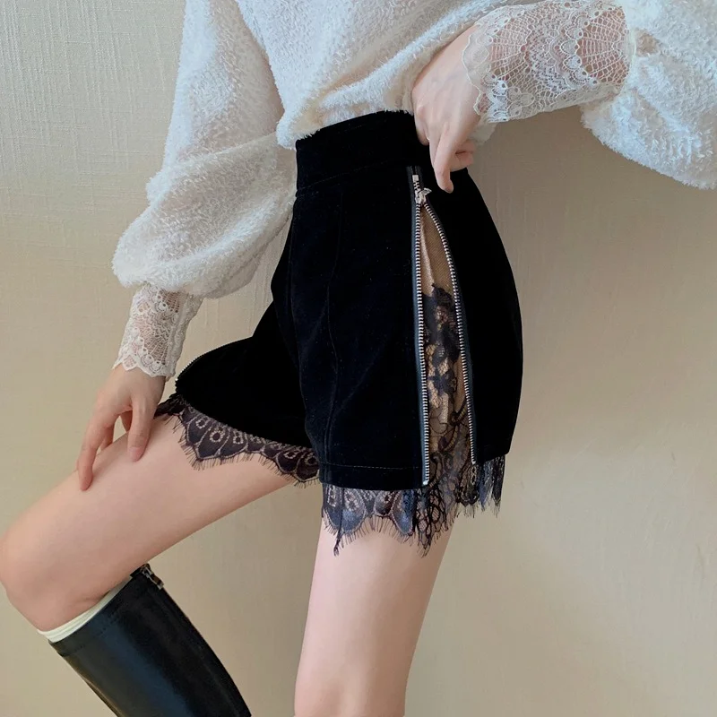 Woman Fashion Sexy High-waist Lace Stitching Shorts Female Straight-leg Shorts Gold Velvet Adjustable Slim Boot Shorts Clothing