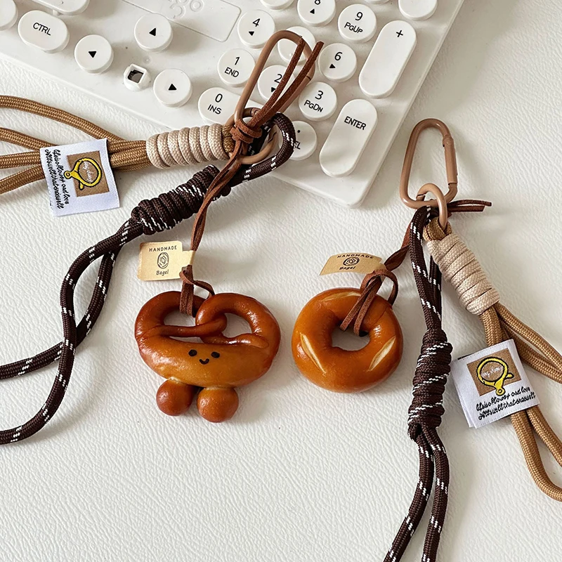 Alkali Water Bread Bagel Keychain Cute Smiling Face Bread Woven Rope Pendant Bag Key Car Accessory Handmade Trendy Keyring