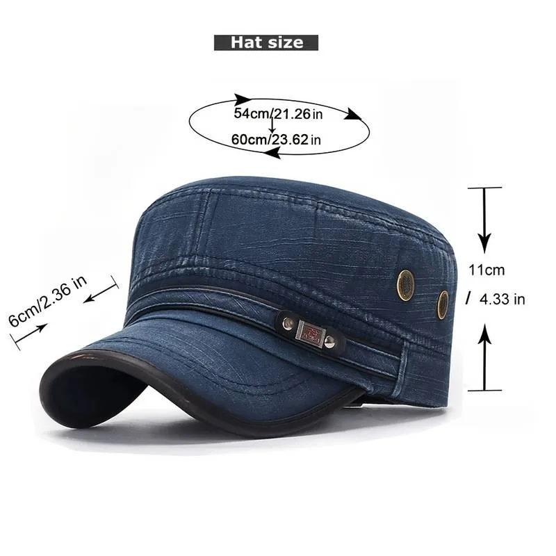 Cotton Flat Cap Men's Women's Slub Distressed Leather Trim Retro Baseball Cap Sun Visor Unisex One Size Fits All