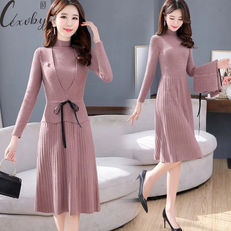 Knitted Dress Two Peice Suit Women Casual Slim Wiast Cropped Vest And Long Sleeve Dress Outfits Ladies Plus Size 3xl Korean Set