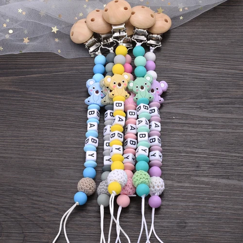 아기 너도밤 나무 Teether 젖꼭지 클립 기하학적 크로셰 비즈 개인 이름 실리콘 Teether 체인 젖꼭지 클립 젖꼭지 클립 3