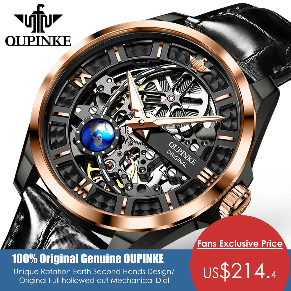 OUPINKE Hollow Out Automatic Mechanical Watch for Men 3D Vision Rotation Globe Seconds Hands Design Original Men's Wristwatches