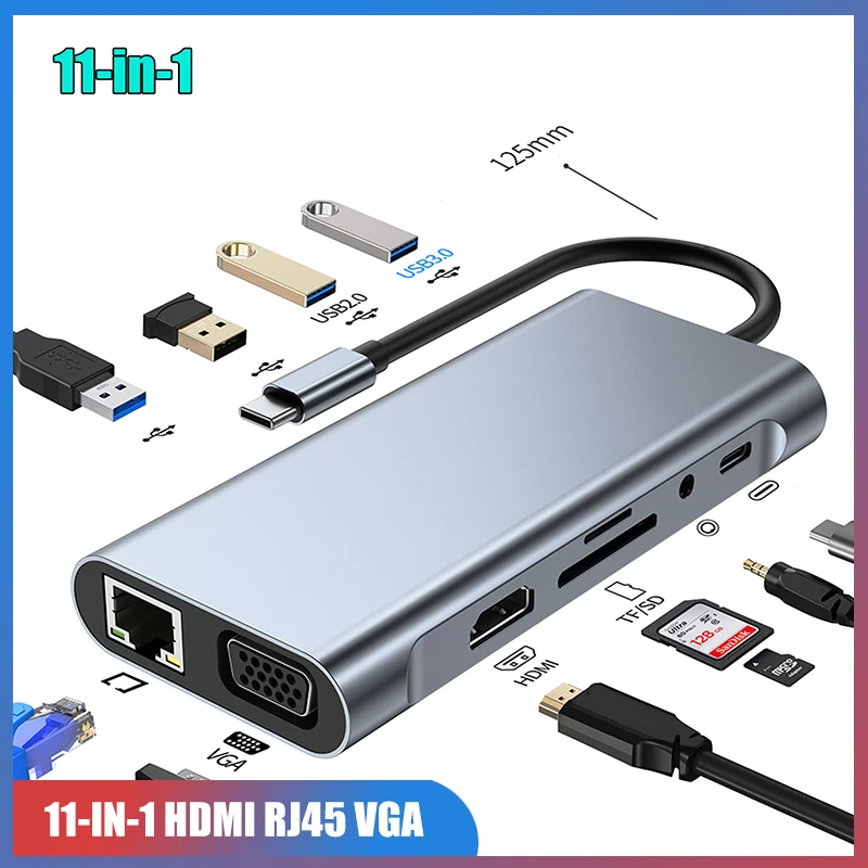 

USB C Hub 11 In 1 Type C 3.1 To 4K HDMI Adapter with RJ45 SD/TF Card Reader PD Fast Charge for MacBook Notebook Laptop Computer