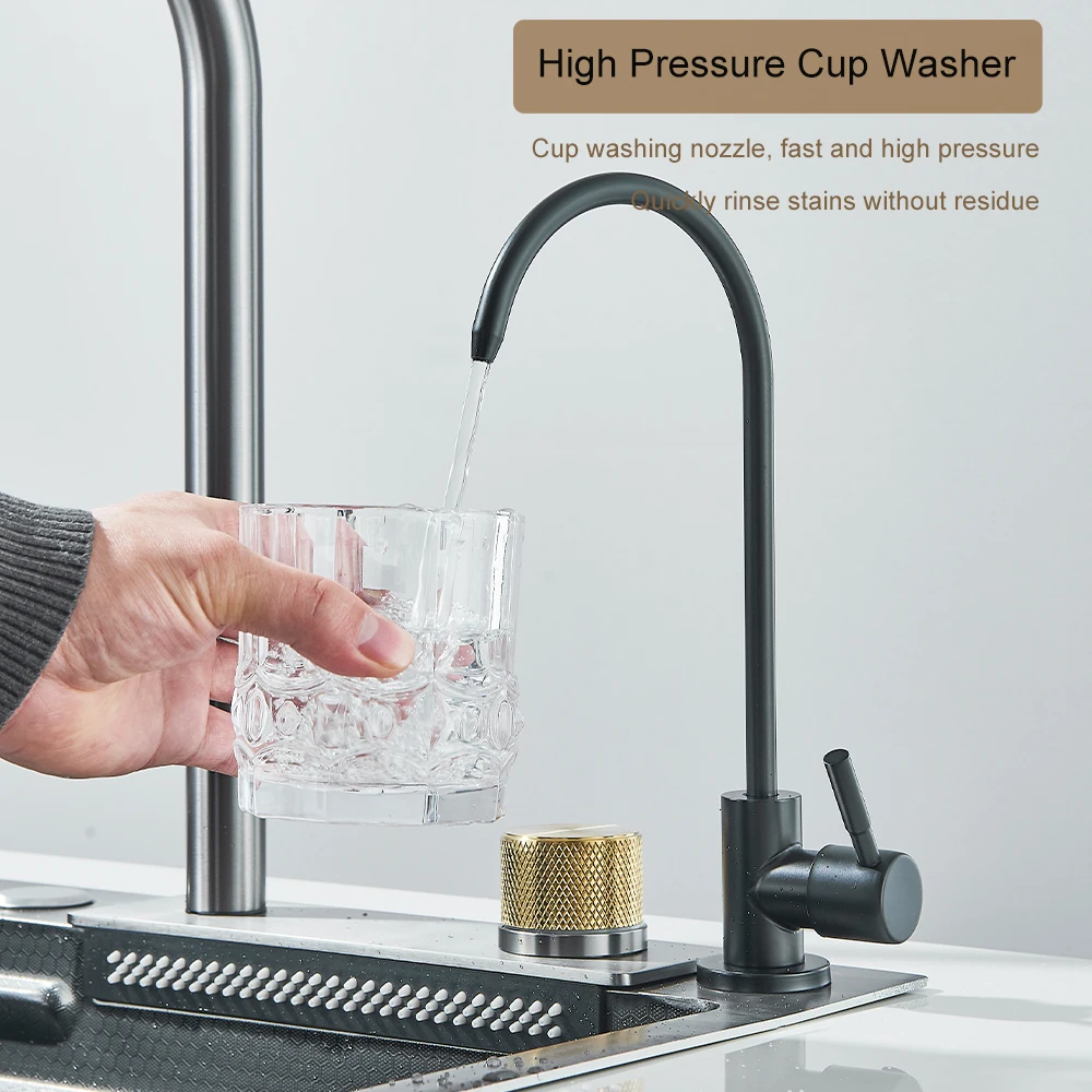 Waterfall Kitchen Sink 304 Stainless Steel Sink Large Single Basin with Chopping Board Cup Washer , Large Single Slot Sink 5