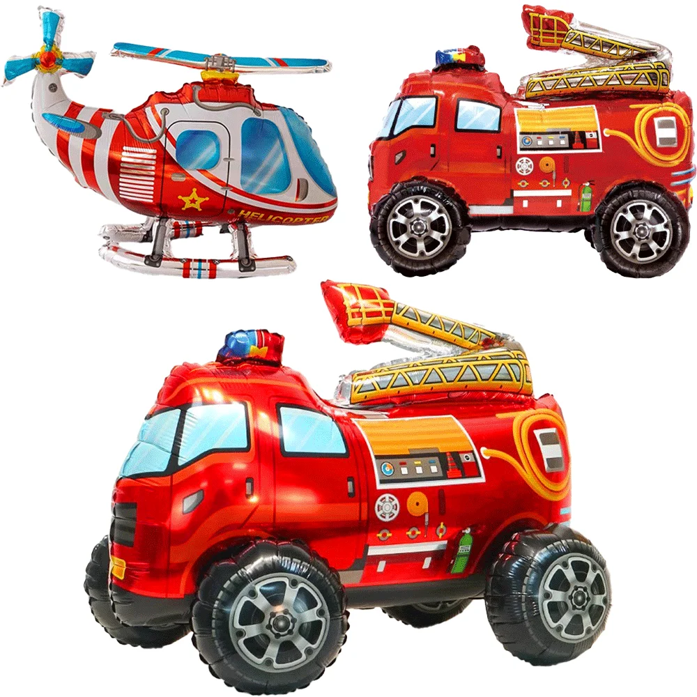 3D-montierter Feuerwehrauto-Folienballon, großer Feuerrettungshubschrauberballon, Jungen, Feuerwehrmann, Geburtstagsfeier, Dekoration, Babyparty