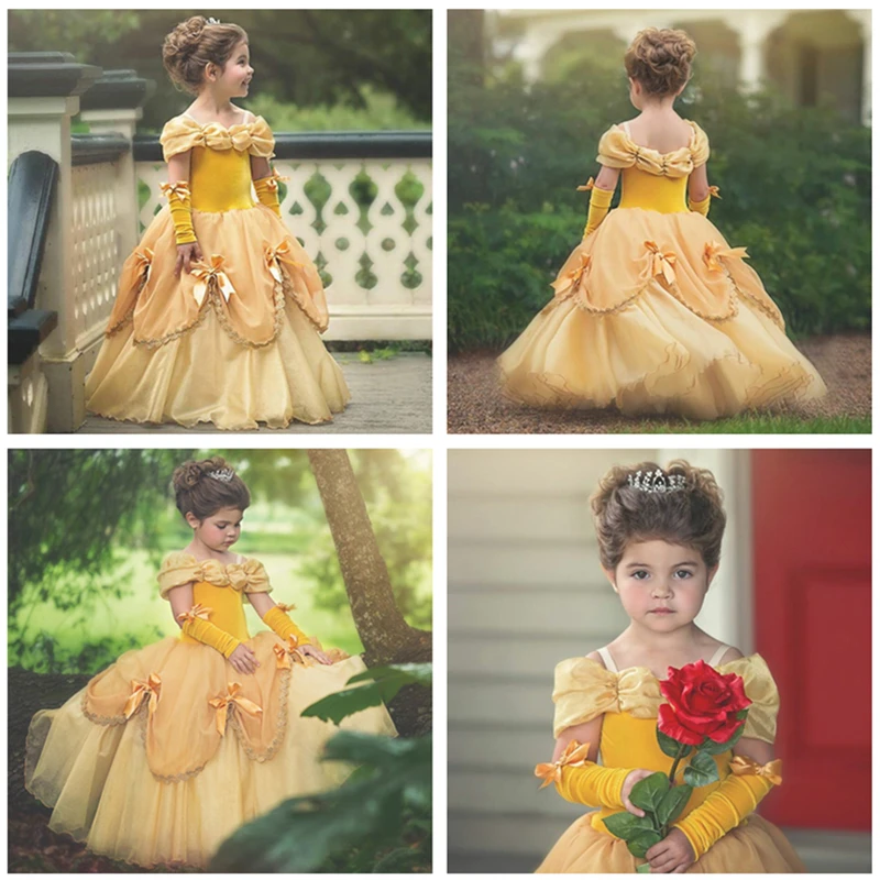 Princess Belle Dress for Girl Kids Floral Ball Gown Child Cosplay Bella Beauty and The Beast Costume Fancy Party girls dress