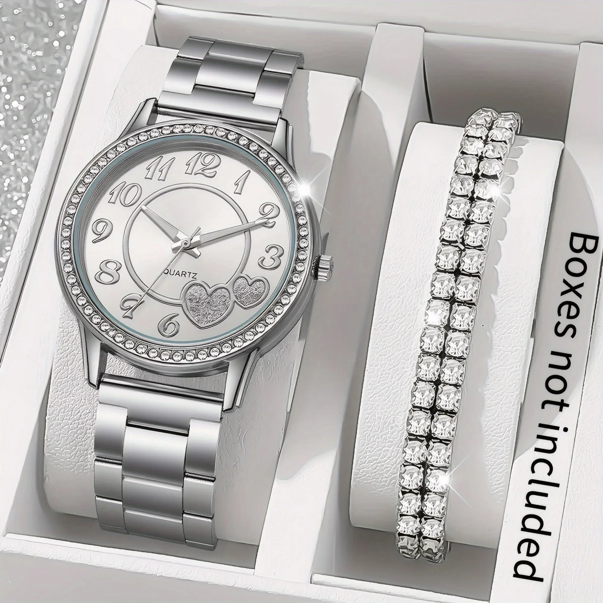 2pcs/set - Fashionable, elegant and minimalist - Women's quartz watch&sparkling bracelet set, circular digital analog dial