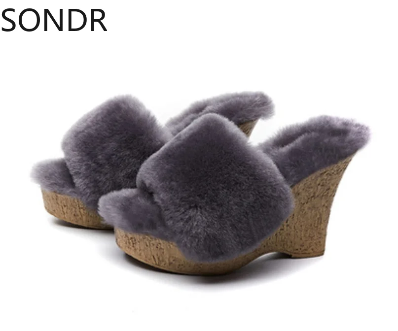 

Real Lambswool Fur Womens Furry Platform Wedge High Heel Warm Winter Mules Slipper Plush Slides Shoes Thick 4Colors