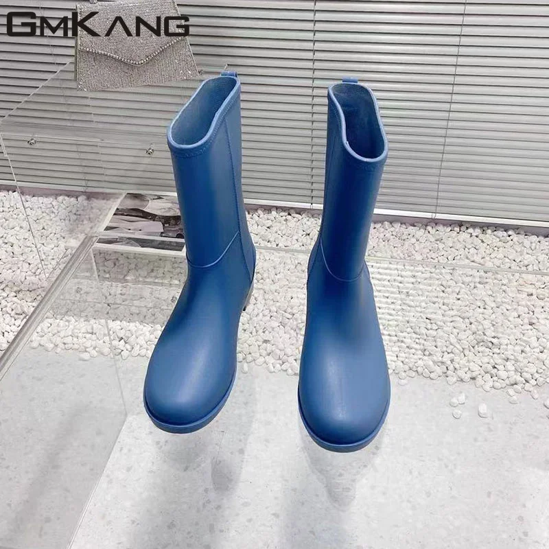 Thick Sole Rain Boots Woman Round Toe Slip-on Rubber Waterproof Rainboots Ladies Long Boots Flat Platform  Rain Shoes For Women