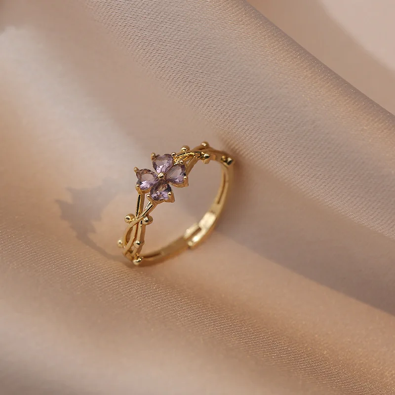 Purple Zircon Flower Index Finger Rings For Women Gold Color Adjustable Charm Wedding Bands Girls Bar Party Jewelry Gifts CZ