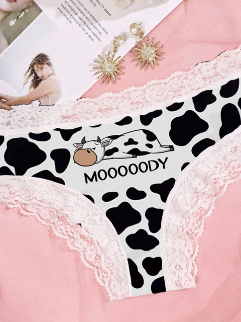 2023 Mooooody Cow Lace Splicing Panties Women Girls Sexy Mid-Waist