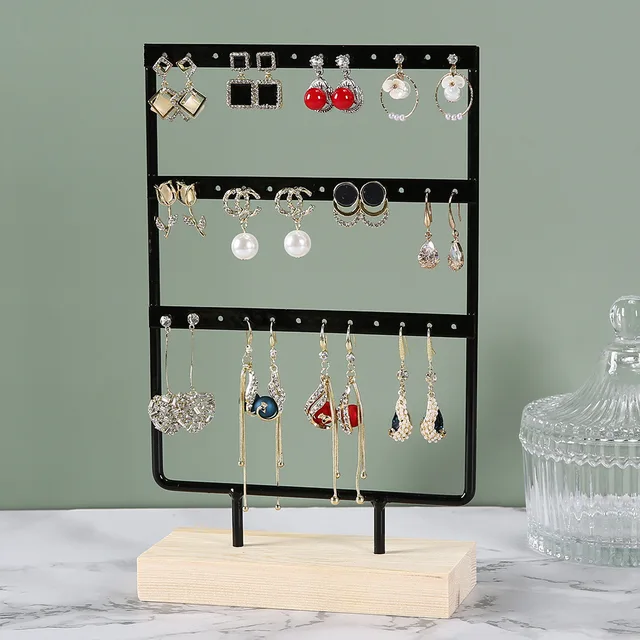 Présentoir de boucles d'oreilles à 3 niveaux et 72 trous, organisateur de rangement de bijoux en métal à 3 couches, support de Base en bois, arbre, support de clous d'oreille, cadeau