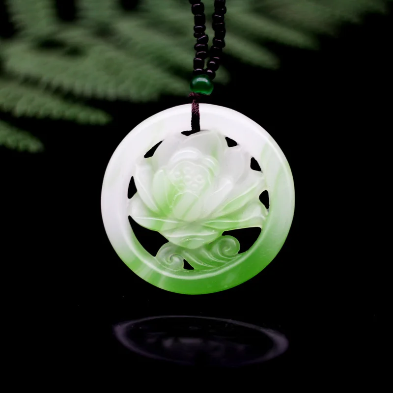 

Natural White Green Jade Flower Pendant Necklace Chinese Fashion Jewelry Double-sided Hollow Carved Charm Amulet Gifts Men Women