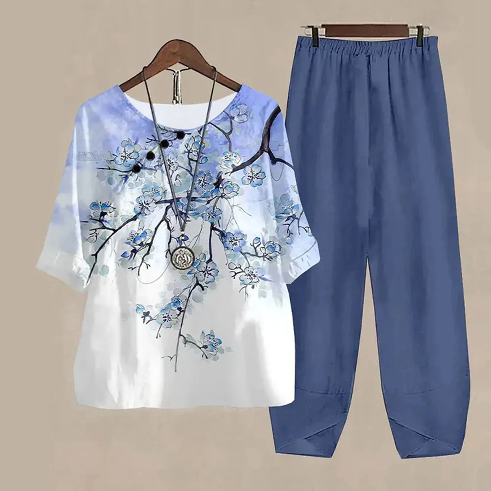 Women Spring And Summer Fashionable And Casual Floral Print Three Quarter Sleeve Trousers Suit Pants Outfits for Women