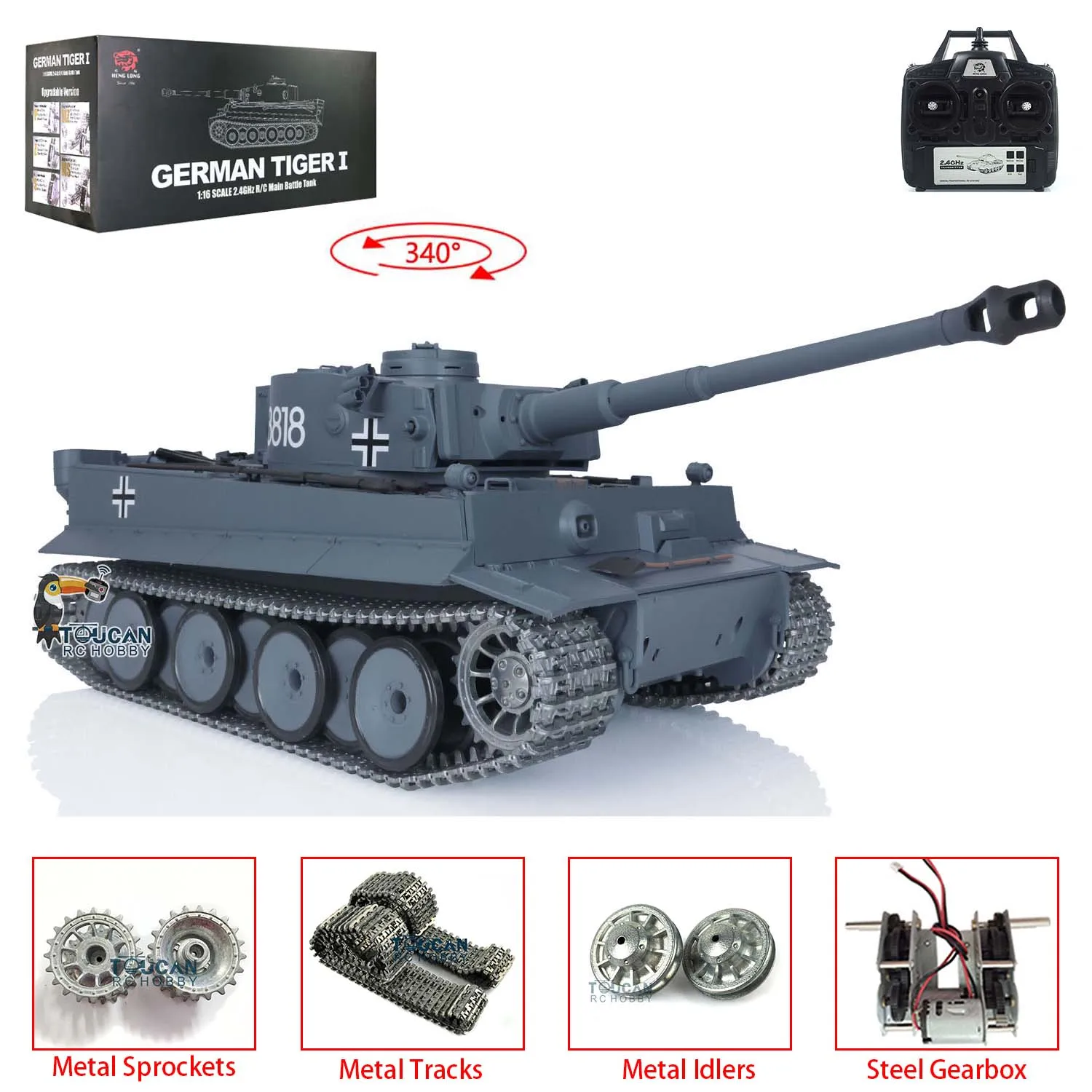 Outdoor Toys Heng Long 1/16 Scale 7.0 Upgraded Version German Tiger I RTR RC Tank 3818 Metal Tracks Radio Smoke  Model Gift 2