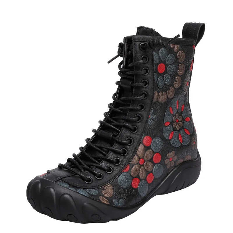 

New Vintage Mother Flat Genuine Leather Ankle Boot for Women Cowhide Lace-Up Winter Warm Shoes Woman Platform Snow Boots