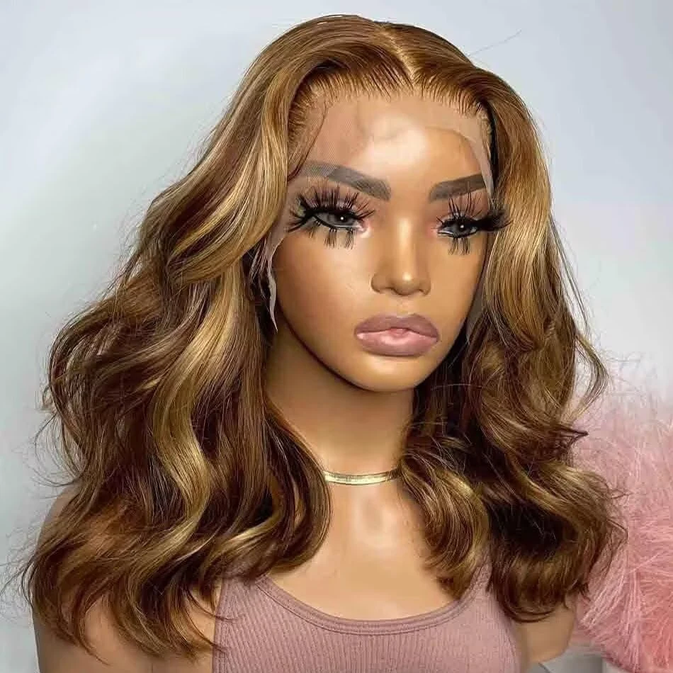 Honey Blonde Bob Wig Human Hair 14 Inch 13x4 Body Wave 4/27 Highlight Ombre HD Lace Front Wigs Human Hair Pre Plucked Glueless Lace Frontal Bob Wigs for Women Colored Wig 2