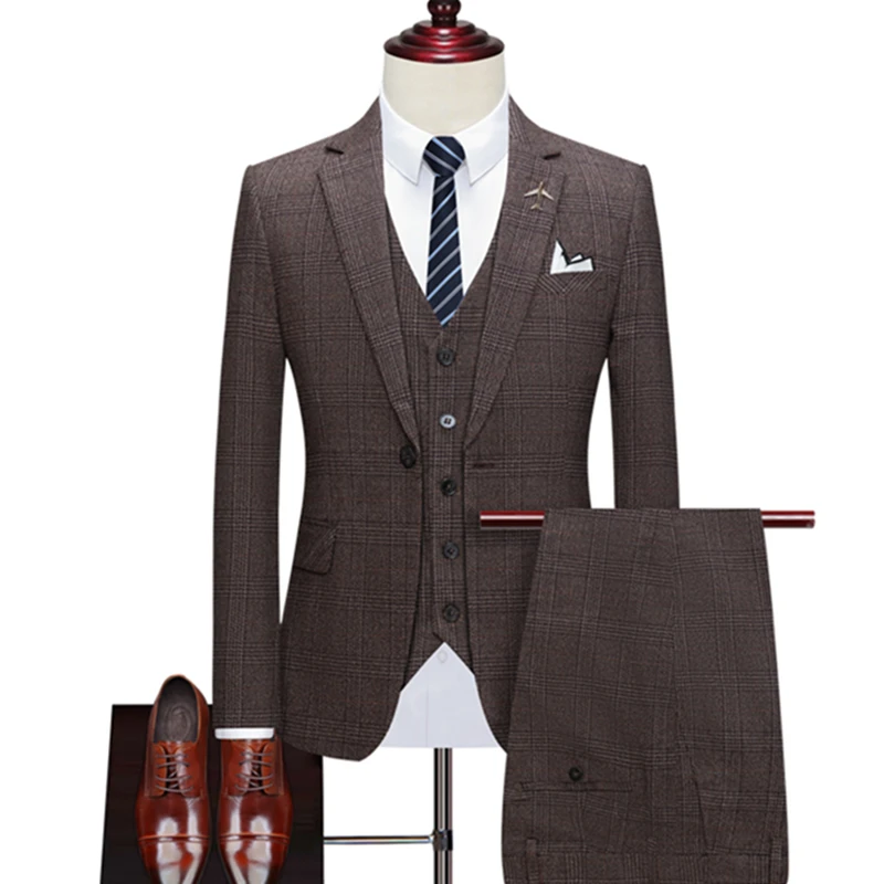 Suit Coat Vest Pants 3 Pcs Set Men's Casual Boutique Business Retro British Style Plaid Blazers Jacket Trousers Waistcoat mens suit