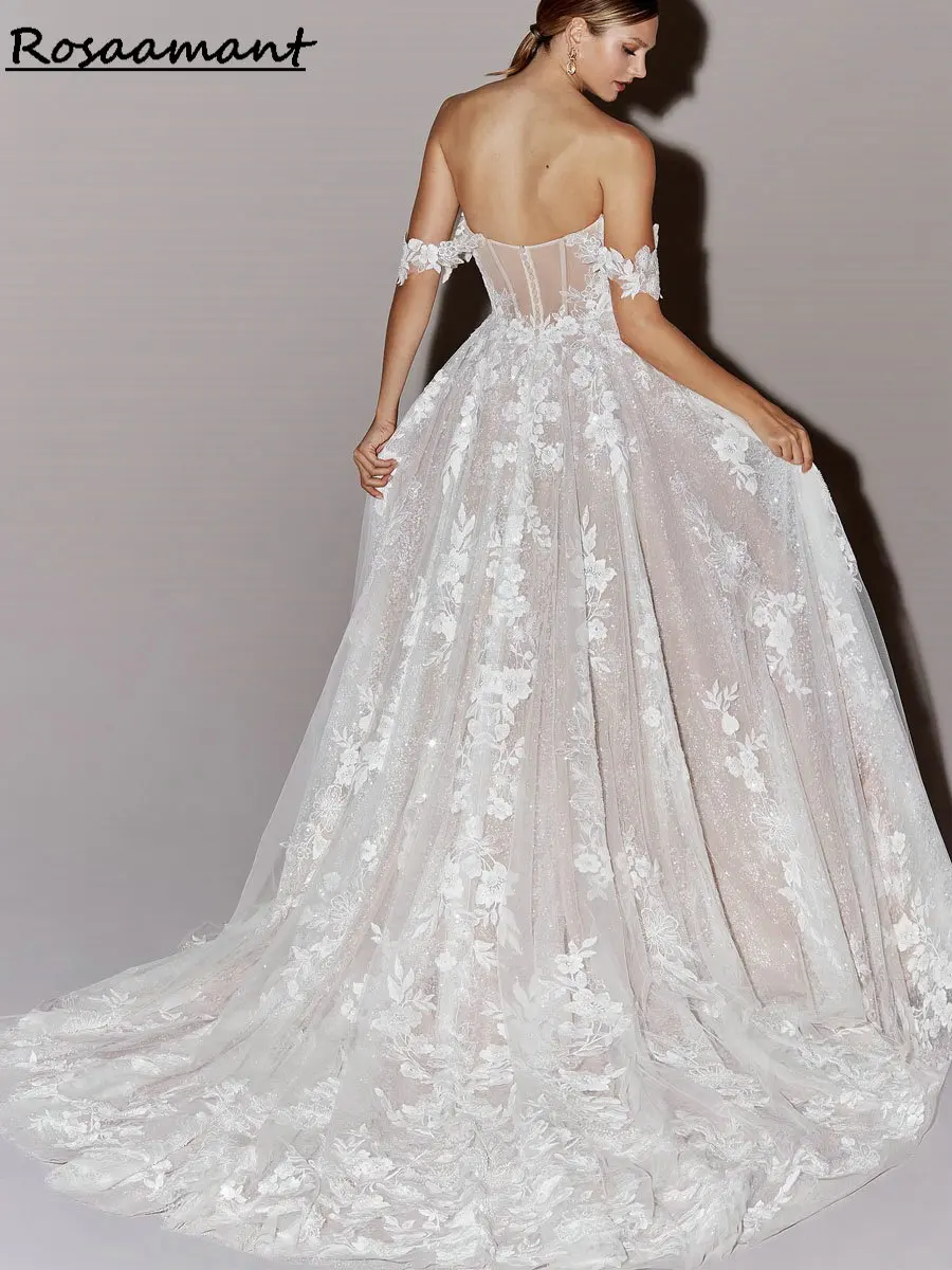 

Sparkly Sequined Crystal Illusion A-Line Wedding Dresses Off The Shoulder Floral Appliques Lace Bridal Gowns Robe De Mariée