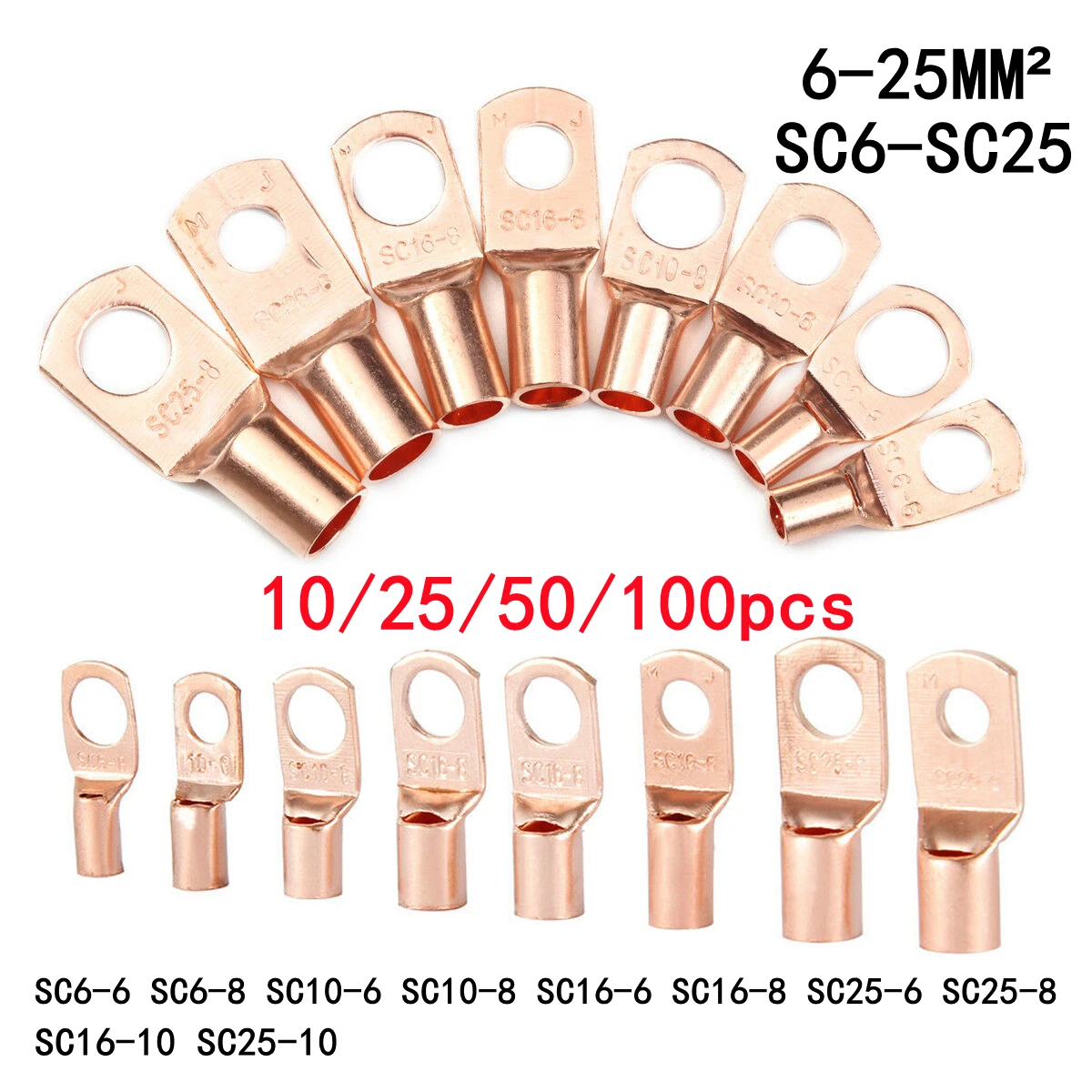10/25/50/100pcs Copper Lug Ring Wire Connector Bare Cable Electric