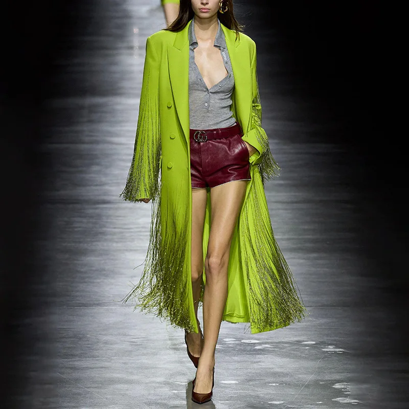 

SuperAen 2024 Spring New Fashion Trend Splicing Tassel Design Loose Long Blazer Women's Coat