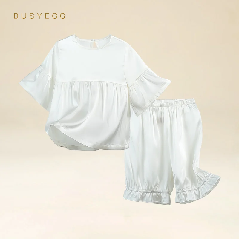 

Solid Color Kids Pajamas Silk Set Sleepwear Outfits Home Clothes Child Girl Summer Thin Real Silk Short Sleeve Nightwear Suit